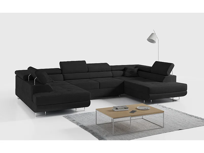 Ecksofa GUSTAW U, mit Schlaffunktion, Großes U-form ecksofa, XXL Wohnlandschaft, verstellbare Kopfstützen - Schwarz Velvet