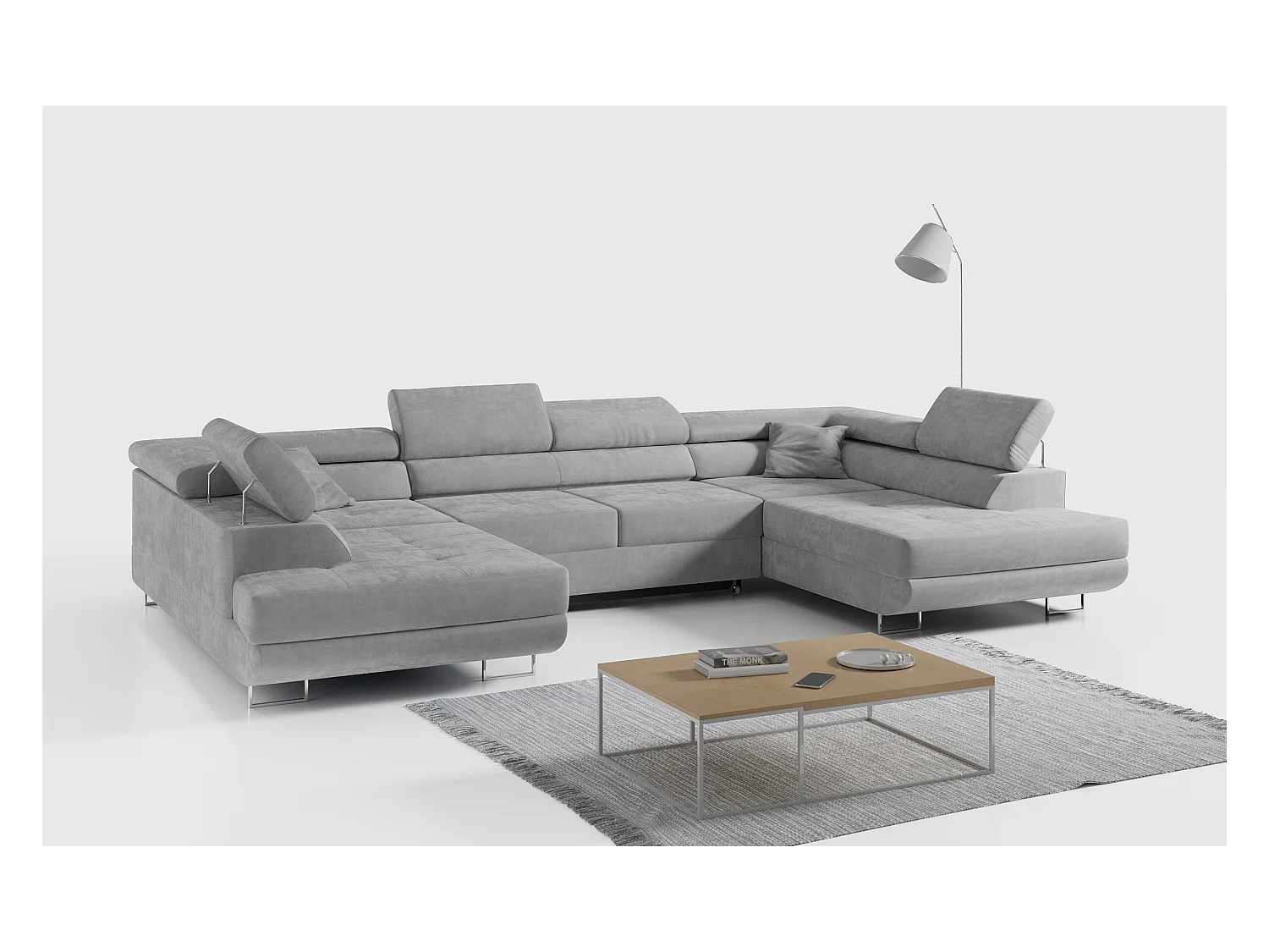 Ecksofa GUSTAW U, mit Schlaffunktion, Großes U-form ecksofa, XXL Wohnlandschaft, verstellbare Kopfstützen - Hellgrau Velvet