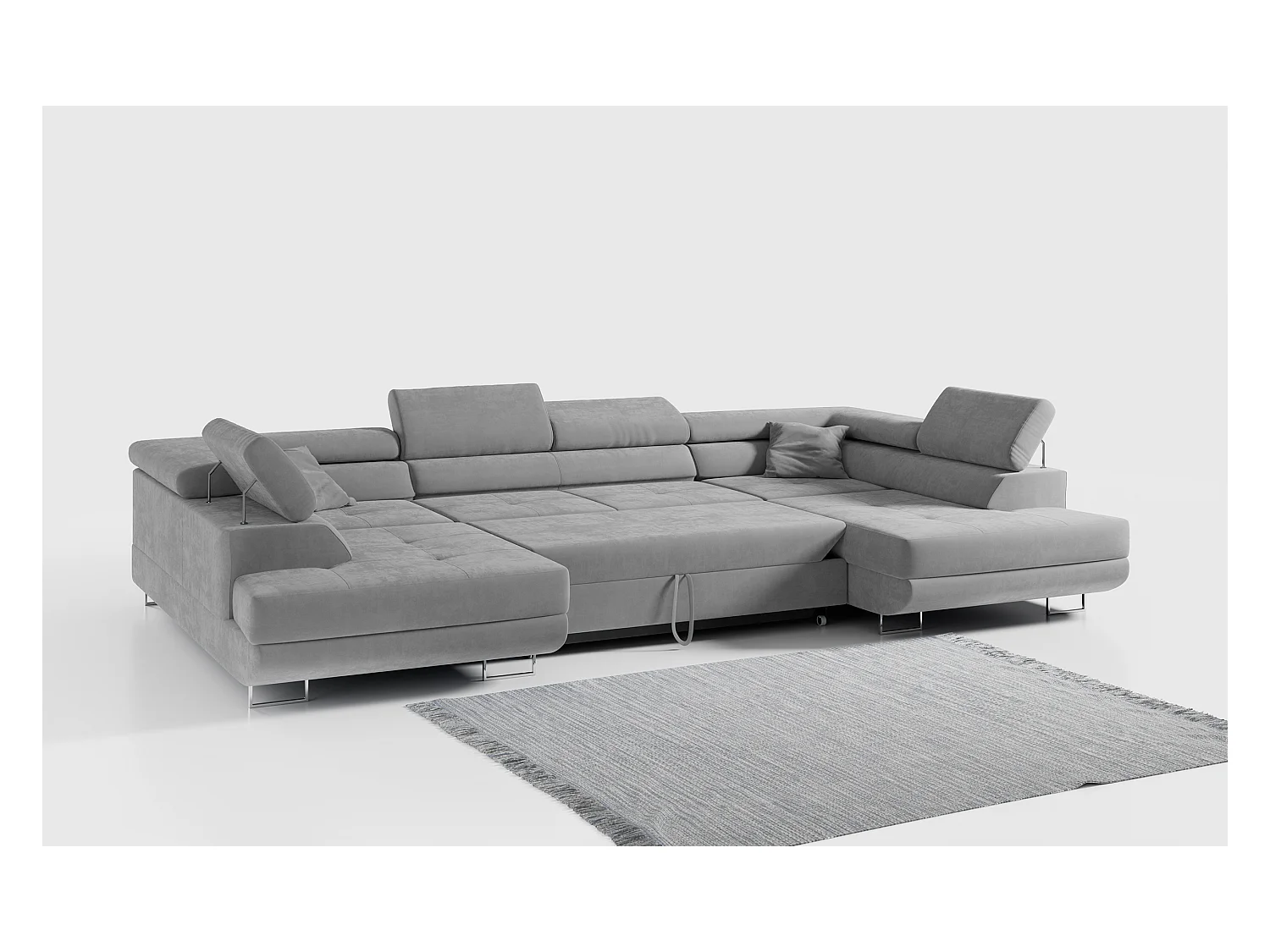 Ecksofa GUSTAW U, mit Schlaffunktion, Großes U-form ecksofa, XXL Wohnlandschaft, verstellbare Kopfstützen - Hellgrau Velvet