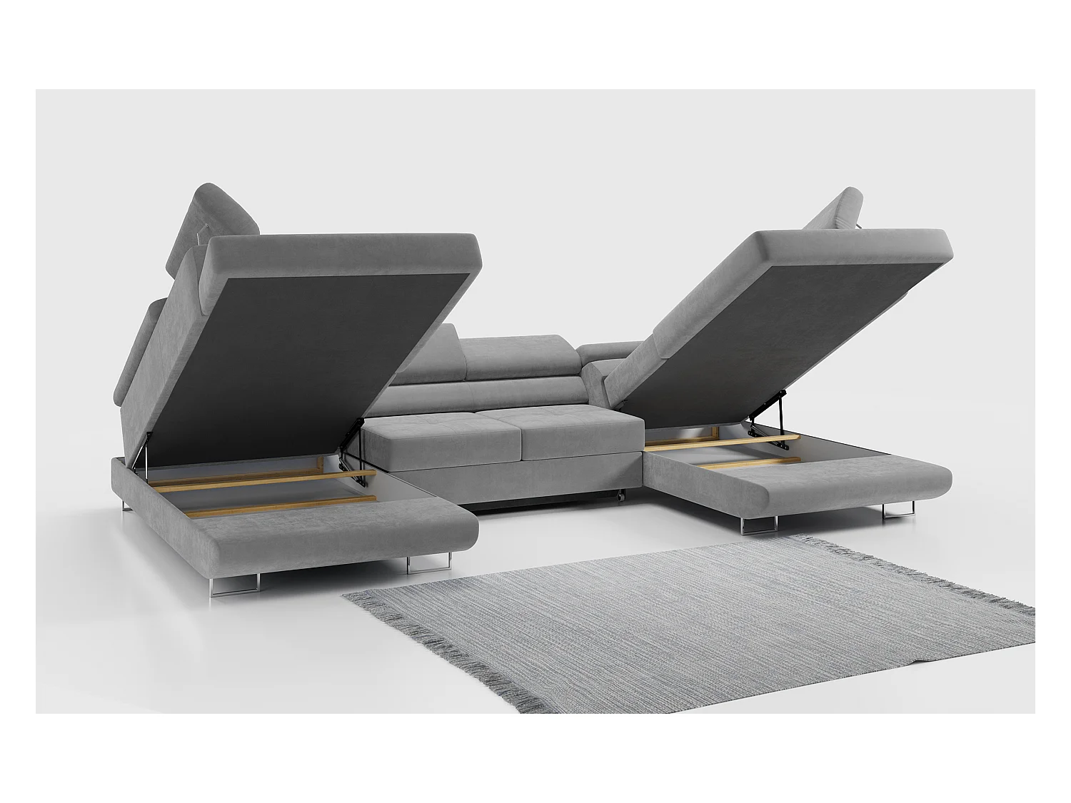Ecksofa GUSTAW U, mit Schlaffunktion, Großes U-form ecksofa, XXL Wohnlandschaft, verstellbare Kopfstützen - Hellgrau Velvet