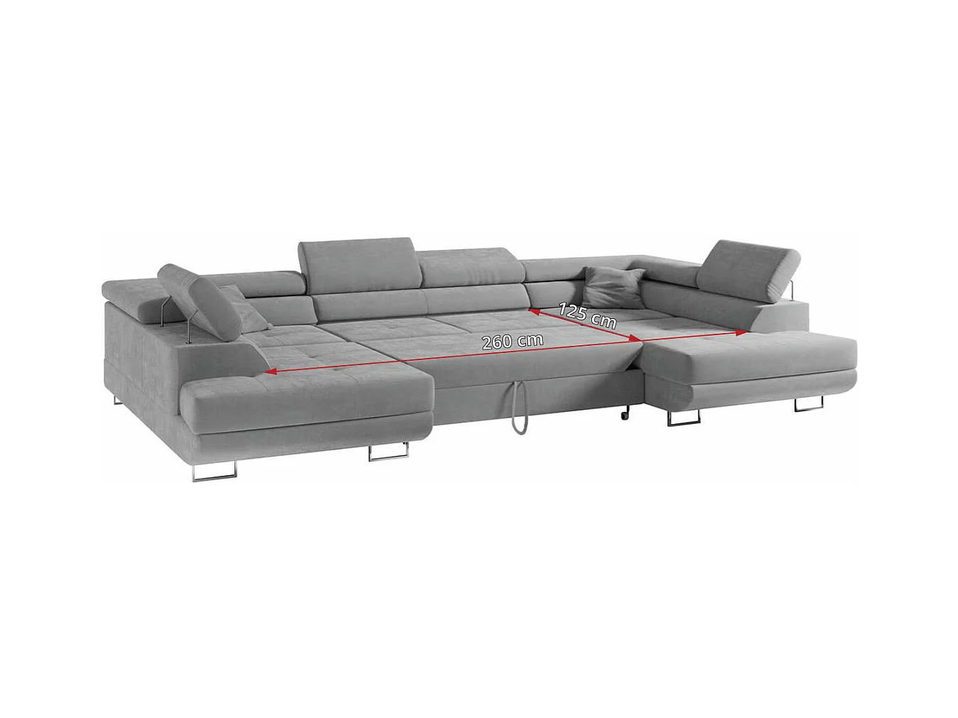 Ecksofa GUSTAW U, mit Schlaffunktion, Großes U-form ecksofa, XXL Wohnlandschaft, verstellbare Kopfstützen - Hellgrau Velvet