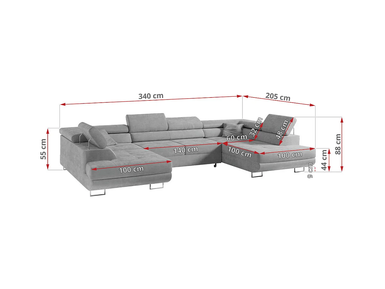 Ecksofa GUSTAW U, mit Schlaffunktion, Großes U-form ecksofa, XXL Wohnlandschaft, verstellbare Kopfstützen - Hellgrau Velvet