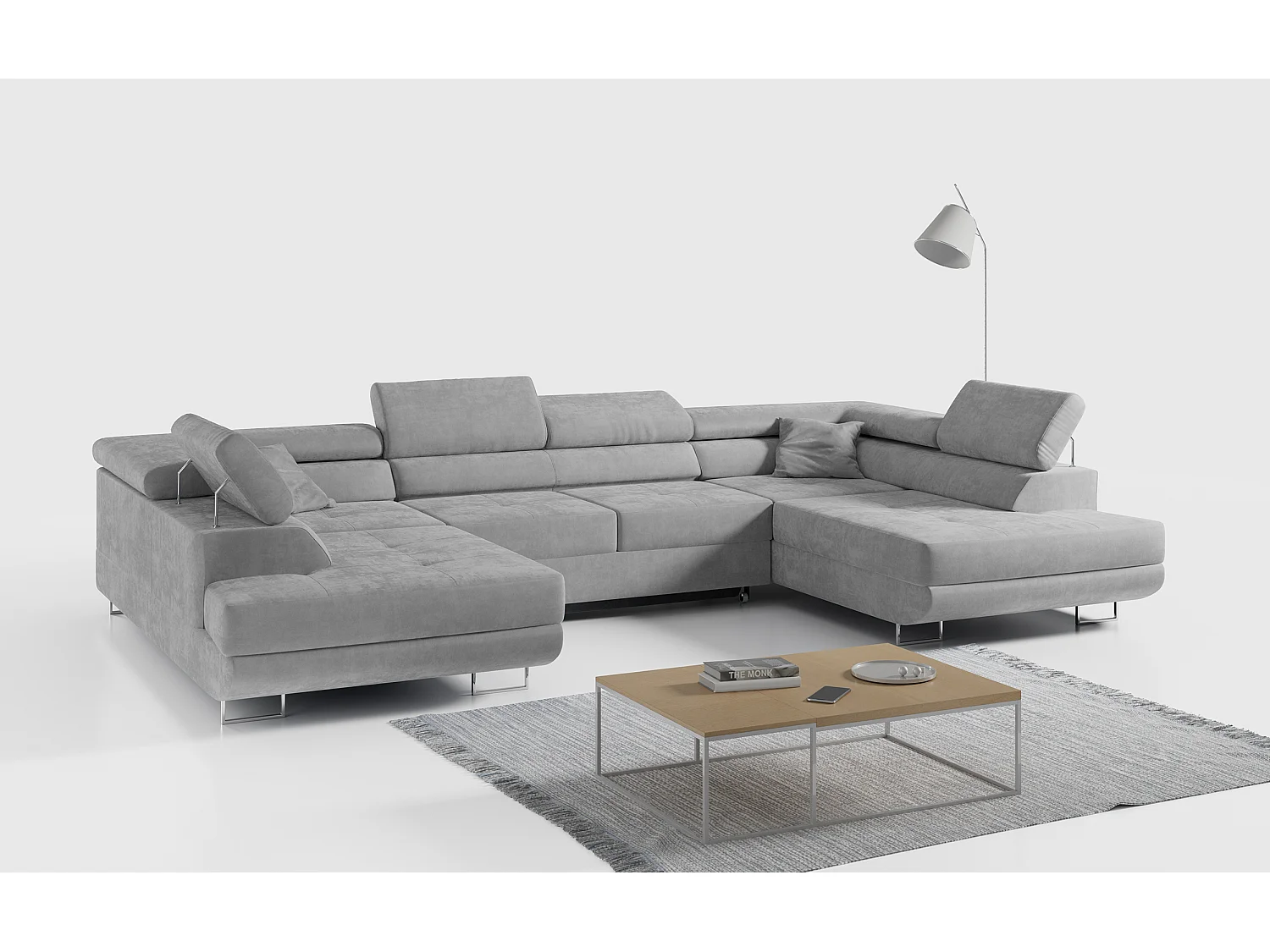 Ecksofa GUSTAW U, mit Schlaffunktion, Großes U-form ecksofa, XXL Wohnlandschaft, verstellbare Kopfstützen - Hellgrau Velvet