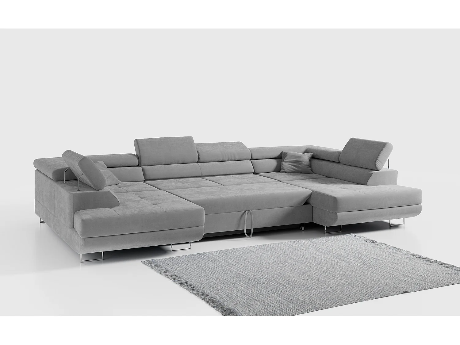 Ecksofa GUSTAW U, mit Schlaffunktion, Großes U-form ecksofa, XXL Wohnlandschaft, verstellbare Kopfstützen - Hellgrau Velvet