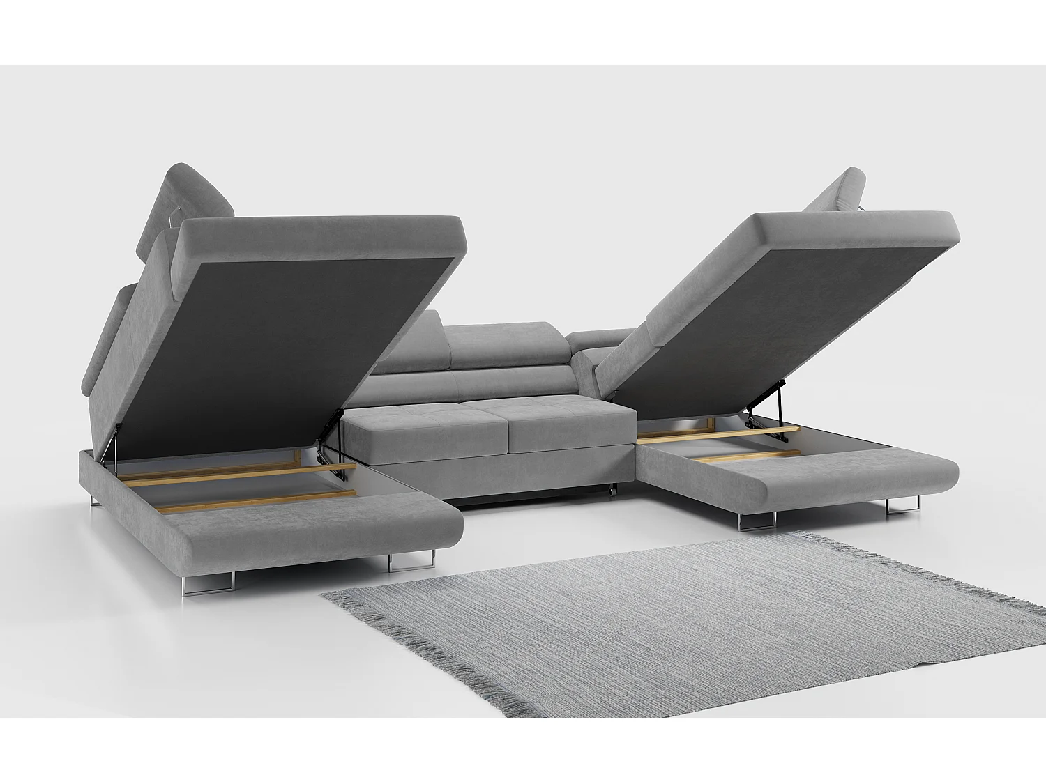 Ecksofa GUSTAW U, mit Schlaffunktion, Großes U-form ecksofa, XXL Wohnlandschaft, verstellbare Kopfstützen - Hellgrau Velvet