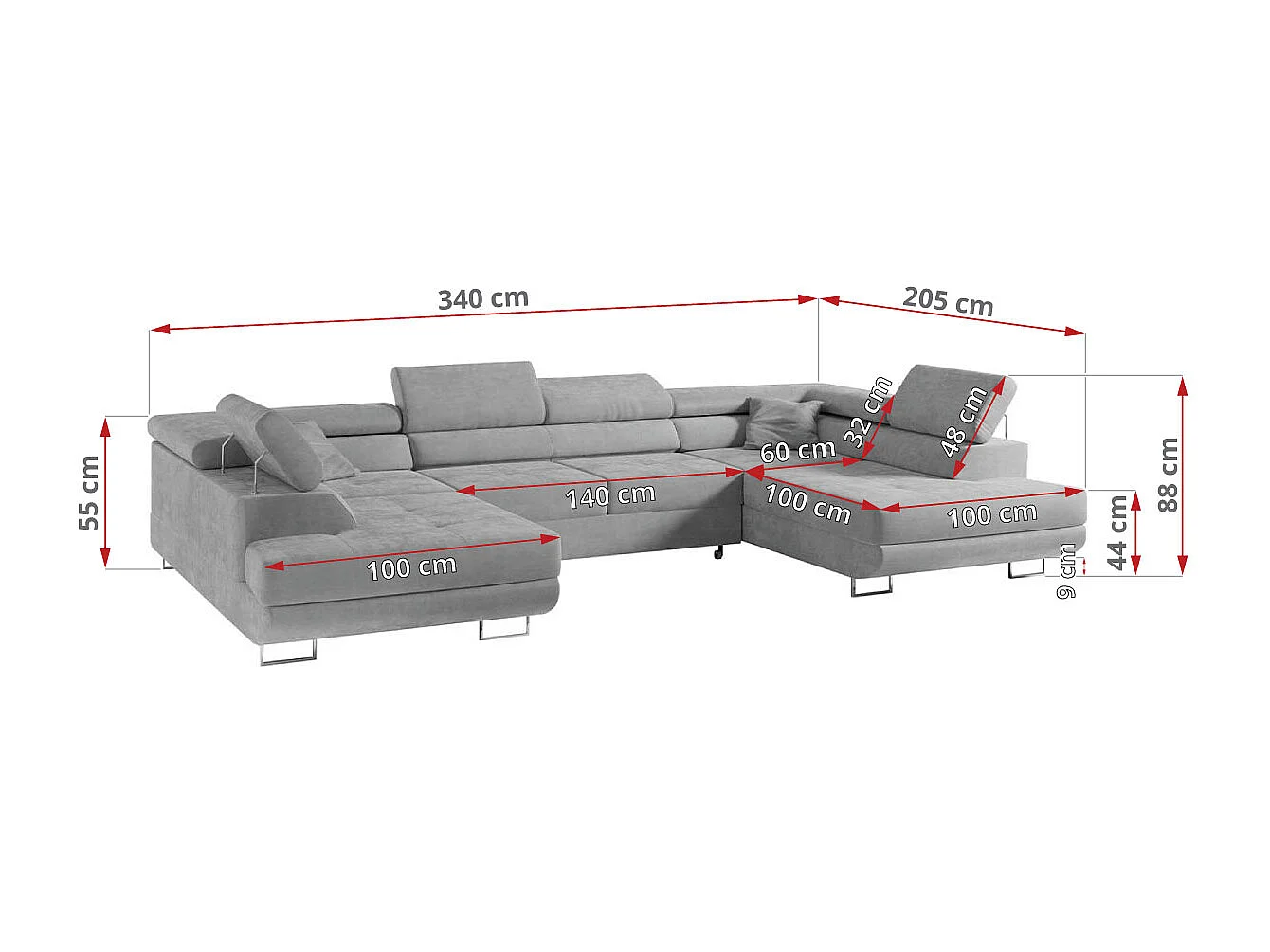 Ecksofa GUSTAW U, mit Schlaffunktion, Großes U-form ecksofa, XXL Wohnlandschaft, verstellbare Kopfstützen - Hellgrau Velvet