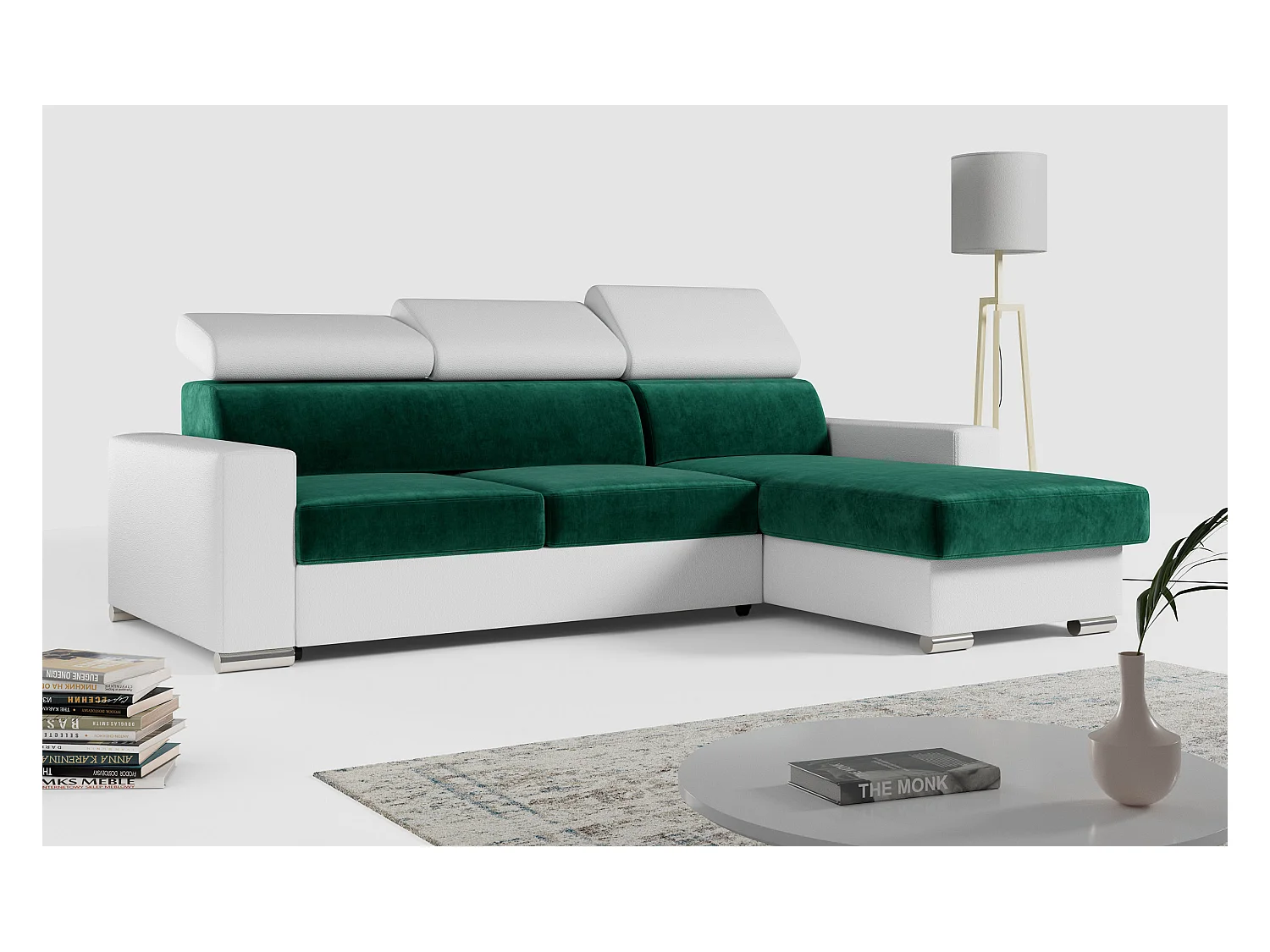 Ecksofa FOX, L-förmige Ecke, Schlaffunktion und Bettkasten, verstellbare Kopfstützen - Dunkelgrün, Weiß - Velvet, Kunstleder