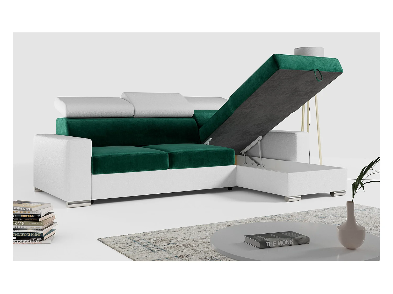 Ecksofa FOX, L-förmige Ecke, Schlaffunktion und Bettkasten, verstellbare Kopfstützen - Dunkelgrün, Weiß - Velvet, Kunstleder