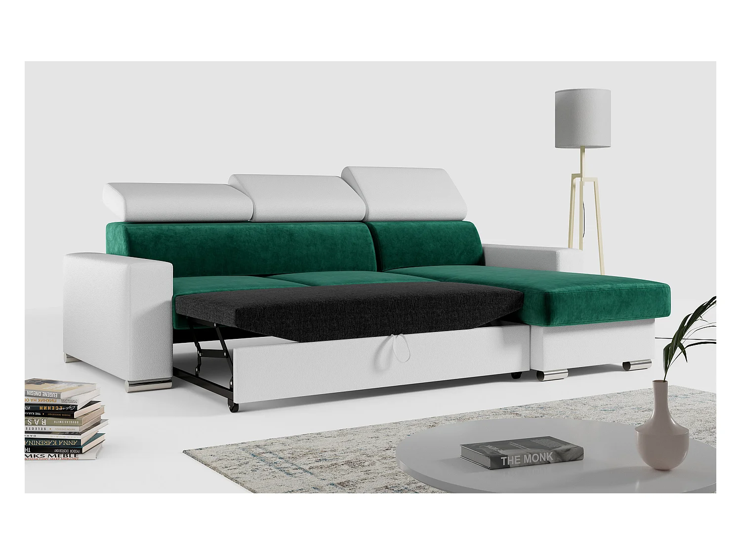 Ecksofa FOX, L-förmige Ecke, Schlaffunktion und Bettkasten, verstellbare Kopfstützen - Dunkelgrün, Weiß - Velvet, Kunstleder