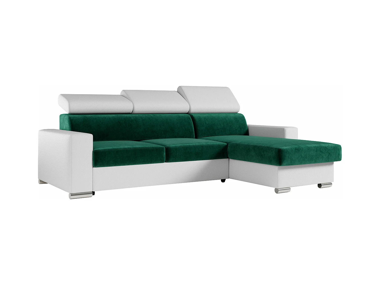 Ecksofa FOX, L-förmige Ecke, Schlaffunktion und Bettkasten, verstellbare Kopfstützen - Dunkelgrün, Weiß - Velvet, Kunstleder