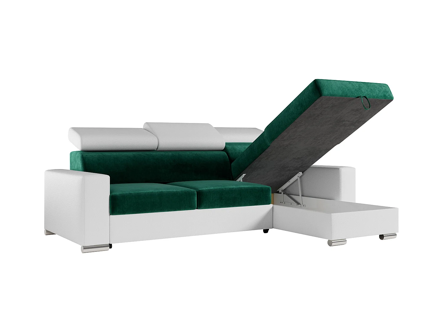 Ecksofa FOX, L-förmige Ecke, Schlaffunktion und Bettkasten, verstellbare Kopfstützen - Dunkelgrün, Weiß - Velvet, Kunstleder