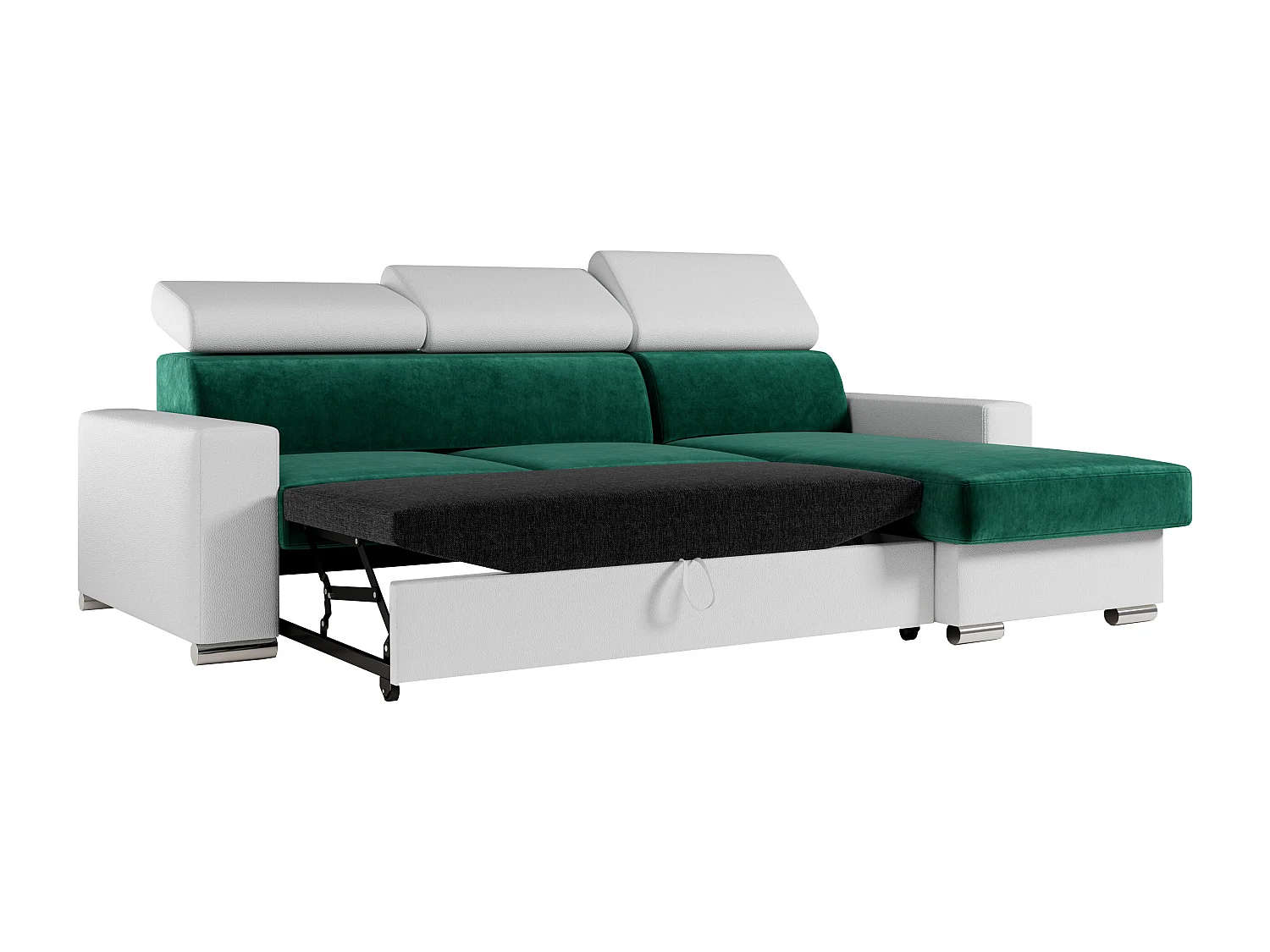 Ecksofa FOX, L-förmige Ecke, Schlaffunktion und Bettkasten, verstellbare Kopfstützen - Dunkelgrün, Weiß - Velvet, Kunstleder