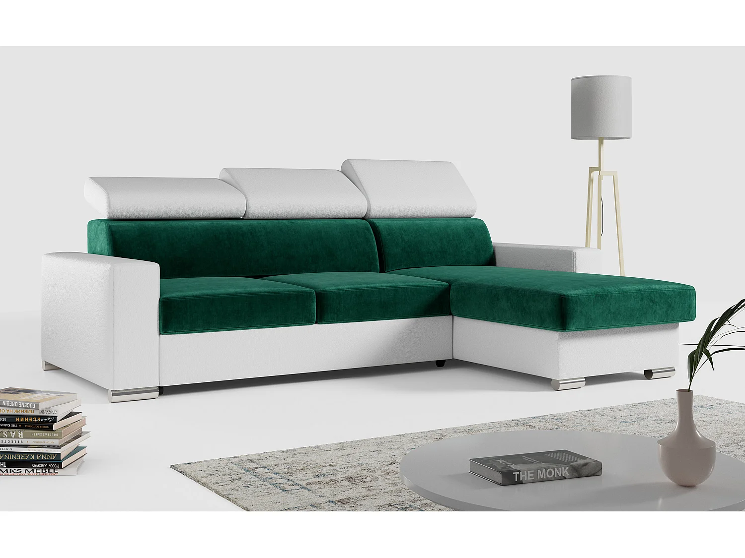 Ecksofa FOX, L-förmige Ecke, Schlaffunktion und Bettkasten, verstellbare Kopfstützen - Dunkelgrün, Weiß - Velvet, Kunstleder