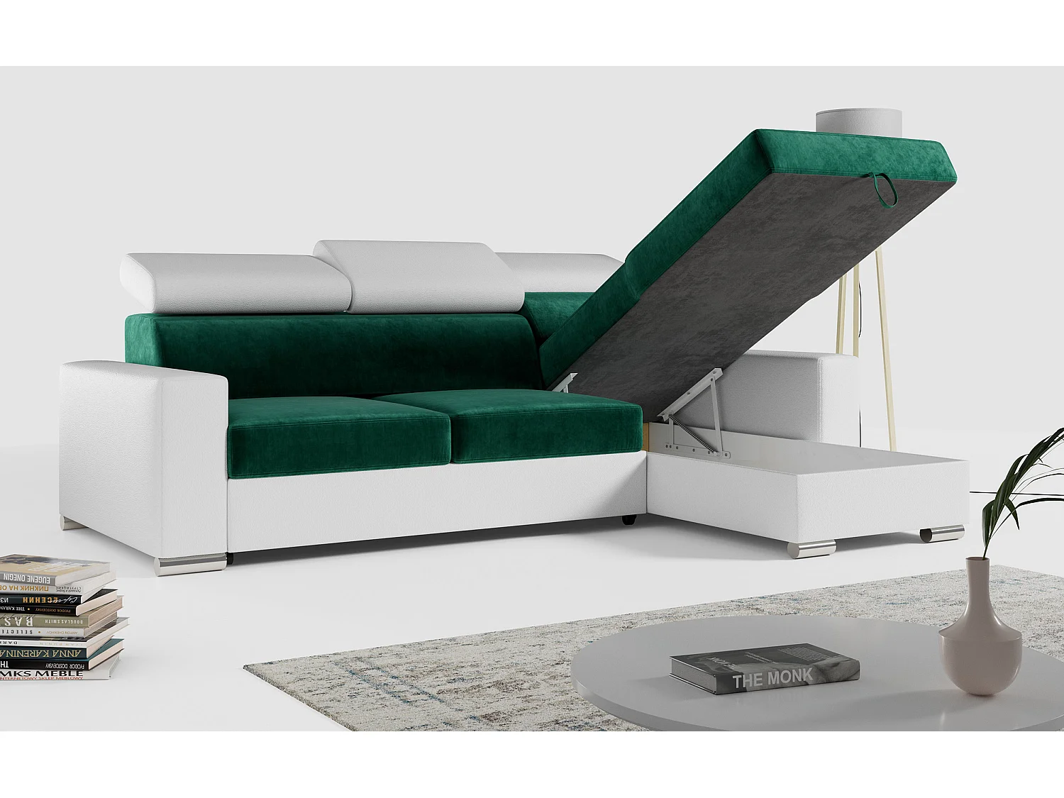 Ecksofa FOX, L-förmige Ecke, Schlaffunktion und Bettkasten, verstellbare Kopfstützen - Dunkelgrün, Weiß - Velvet, Kunstleder