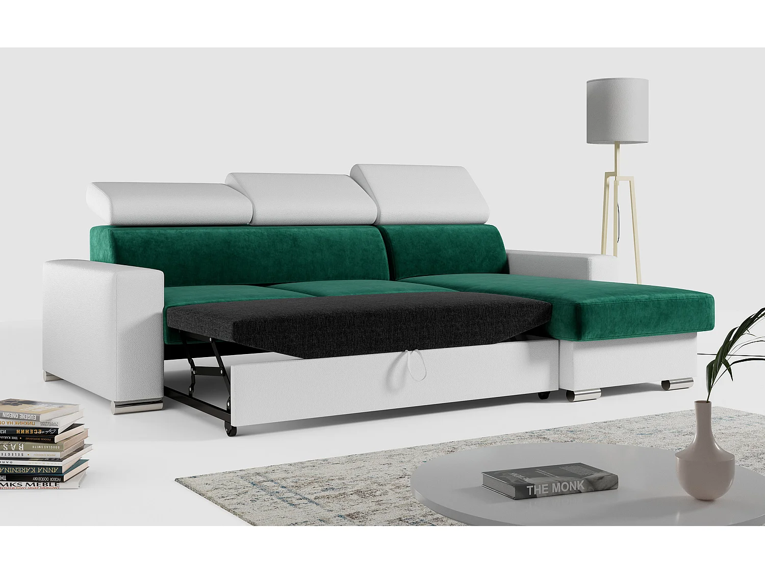 Ecksofa FOX, L-förmige Ecke, Schlaffunktion und Bettkasten, verstellbare Kopfstützen - Dunkelgrün, Weiß - Velvet, Kunstleder