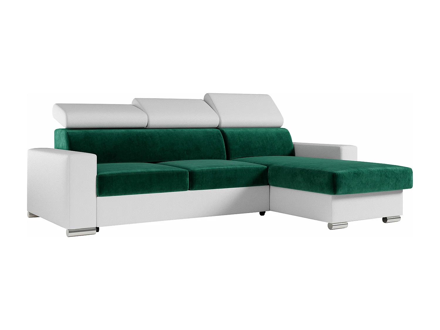 Ecksofa FOX, L-förmige Ecke, Schlaffunktion und Bettkasten, verstellbare Kopfstützen - Dunkelgrün, Weiß - Velvet, Kunstleder