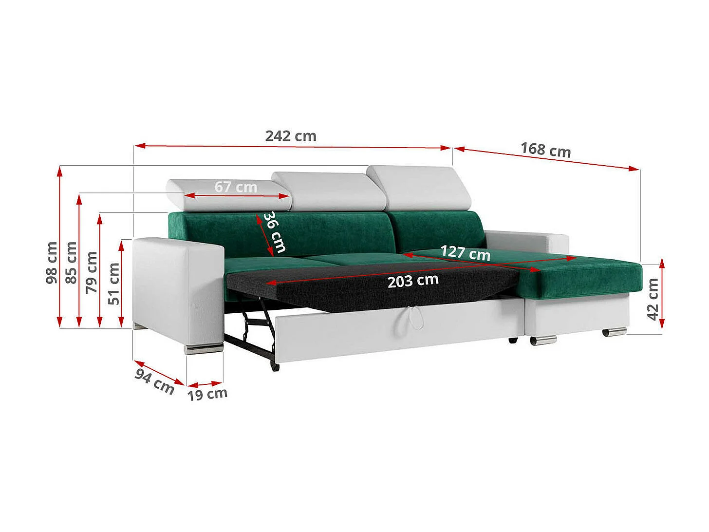 Ecksofa FOX, L-förmige Ecke, Schlaffunktion und Bettkasten, verstellbare Kopfstützen - Dunkelgrün, Weiß - Velvet, Kunstleder