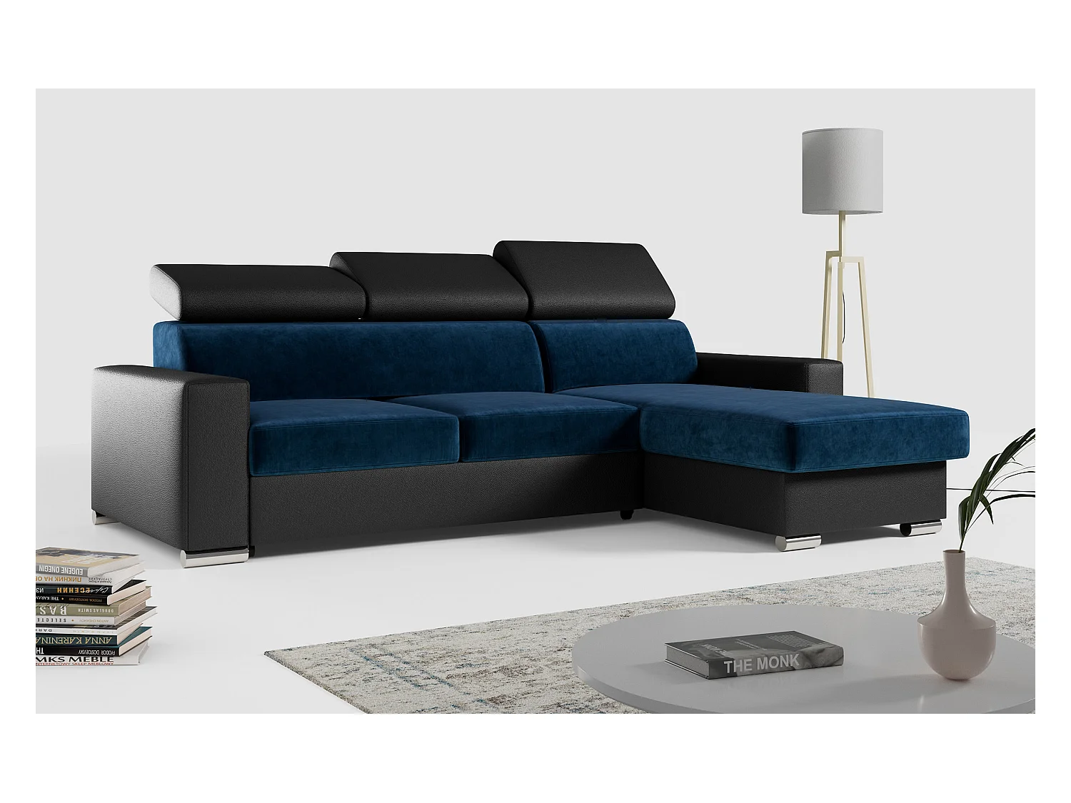 Ecksofa FOX, L-förmige Ecke, Schlaffunktion und Bettkasten, verstellbare Kopfstützen - Dunkelblau, Schwarz - Velvet, Kunstleder