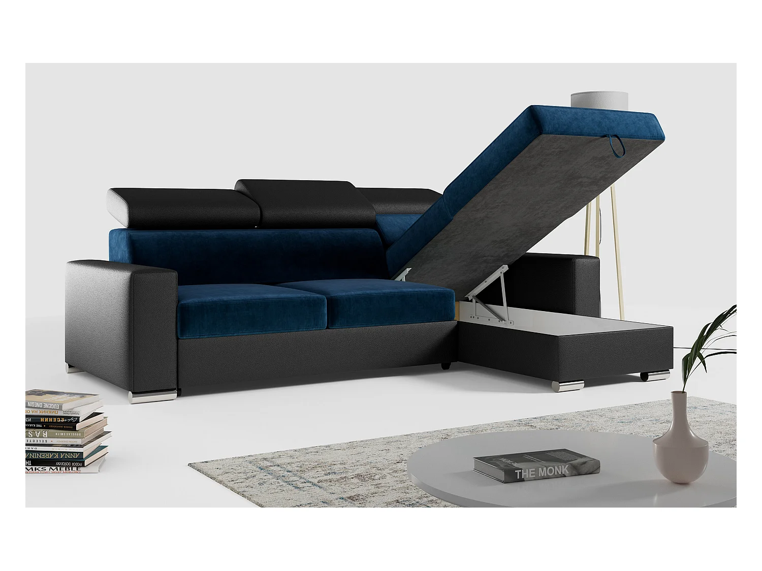 Ecksofa FOX, L-förmige Ecke, Schlaffunktion und Bettkasten, verstellbare Kopfstützen - Dunkelblau, Schwarz - Velvet, Kunstleder