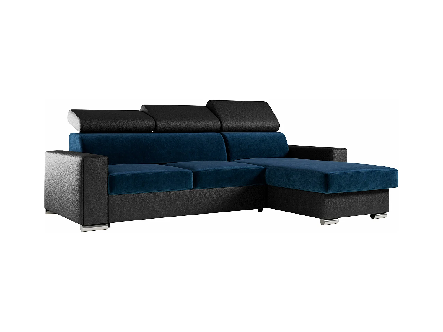 Ecksofa FOX, L-förmige Ecke, Schlaffunktion und Bettkasten, verstellbare Kopfstützen - Dunkelblau, Schwarz - Velvet, Kunstleder