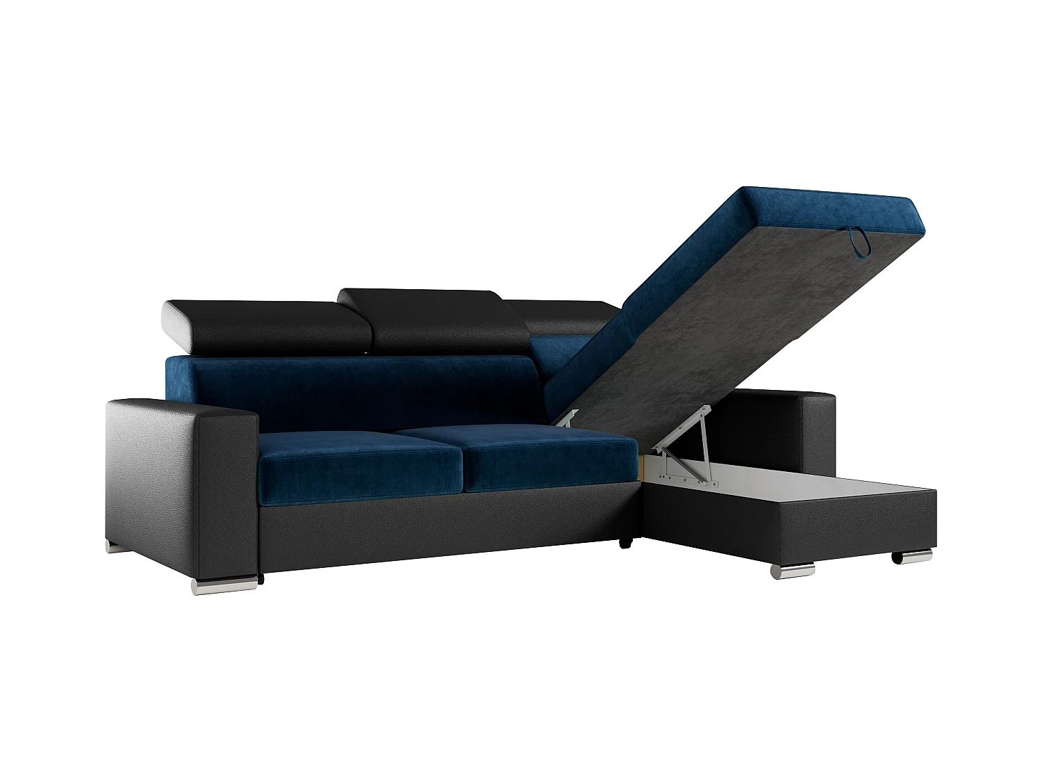 Ecksofa FOX, L-förmige Ecke, Schlaffunktion und Bettkasten, verstellbare Kopfstützen - Dunkelblau, Schwarz - Velvet, Kunstleder