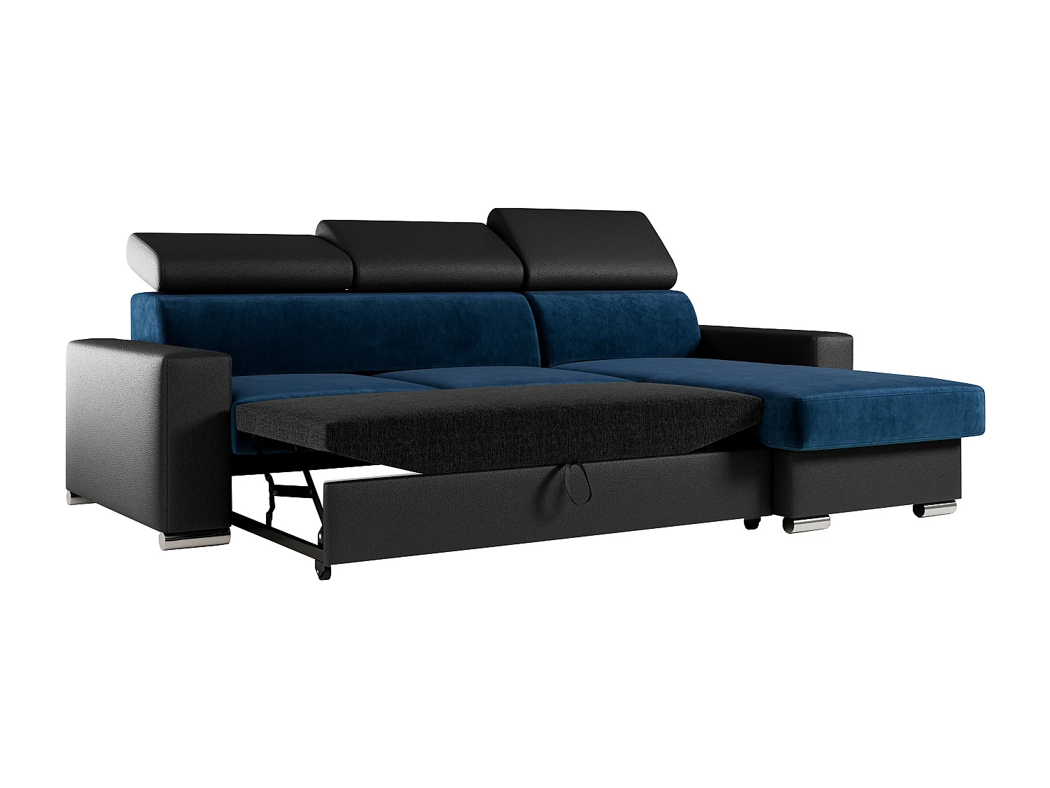 Ecksofa FOX, L-förmige Ecke, Schlaffunktion und Bettkasten, verstellbare Kopfstützen - Dunkelblau, Schwarz - Velvet, Kunstleder