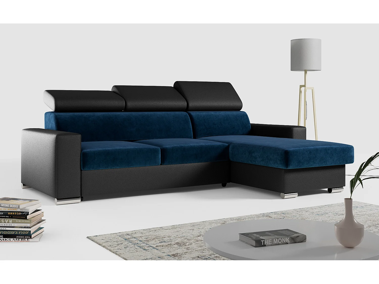 Ecksofa FOX, L-förmige Ecke, Schlaffunktion und Bettkasten, verstellbare Kopfstützen - Dunkelblau, Schwarz - Velvet, Kunstleder