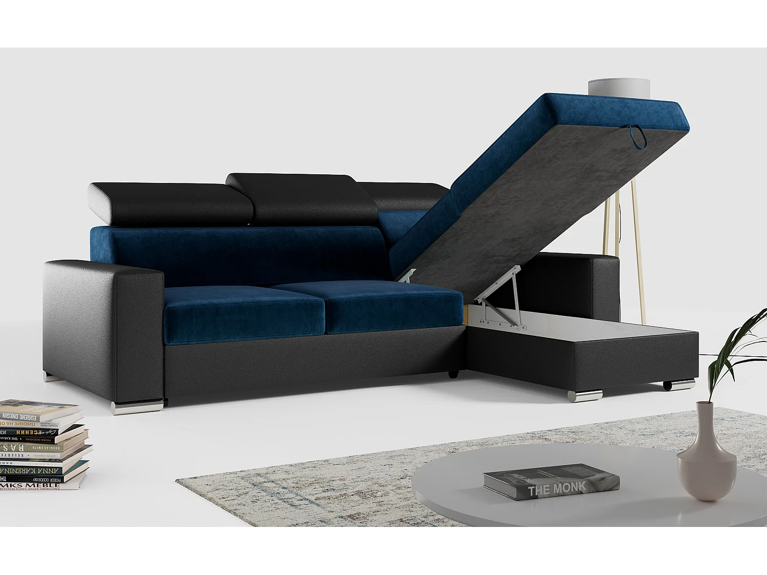 Ecksofa FOX, L-förmige Ecke, Schlaffunktion und Bettkasten, verstellbare Kopfstützen - Dunkelblau, Schwarz - Velvet, Kunstleder