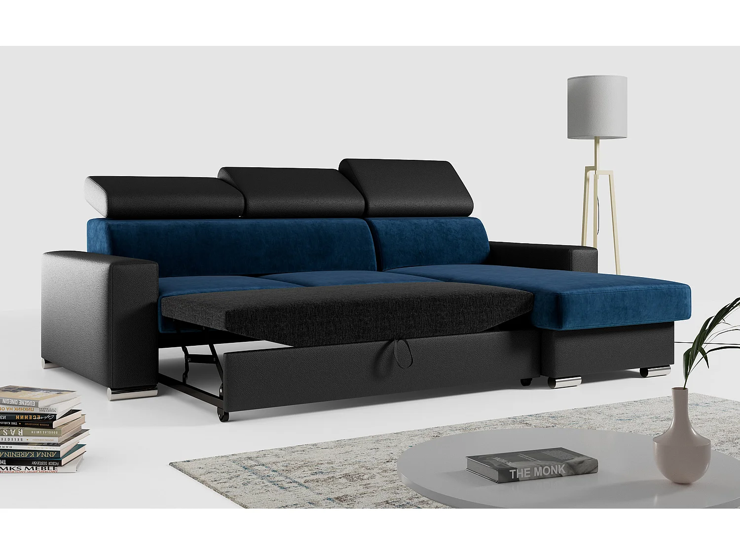 Ecksofa FOX, L-förmige Ecke, Schlaffunktion und Bettkasten, verstellbare Kopfstützen - Dunkelblau, Schwarz - Velvet, Kunstleder