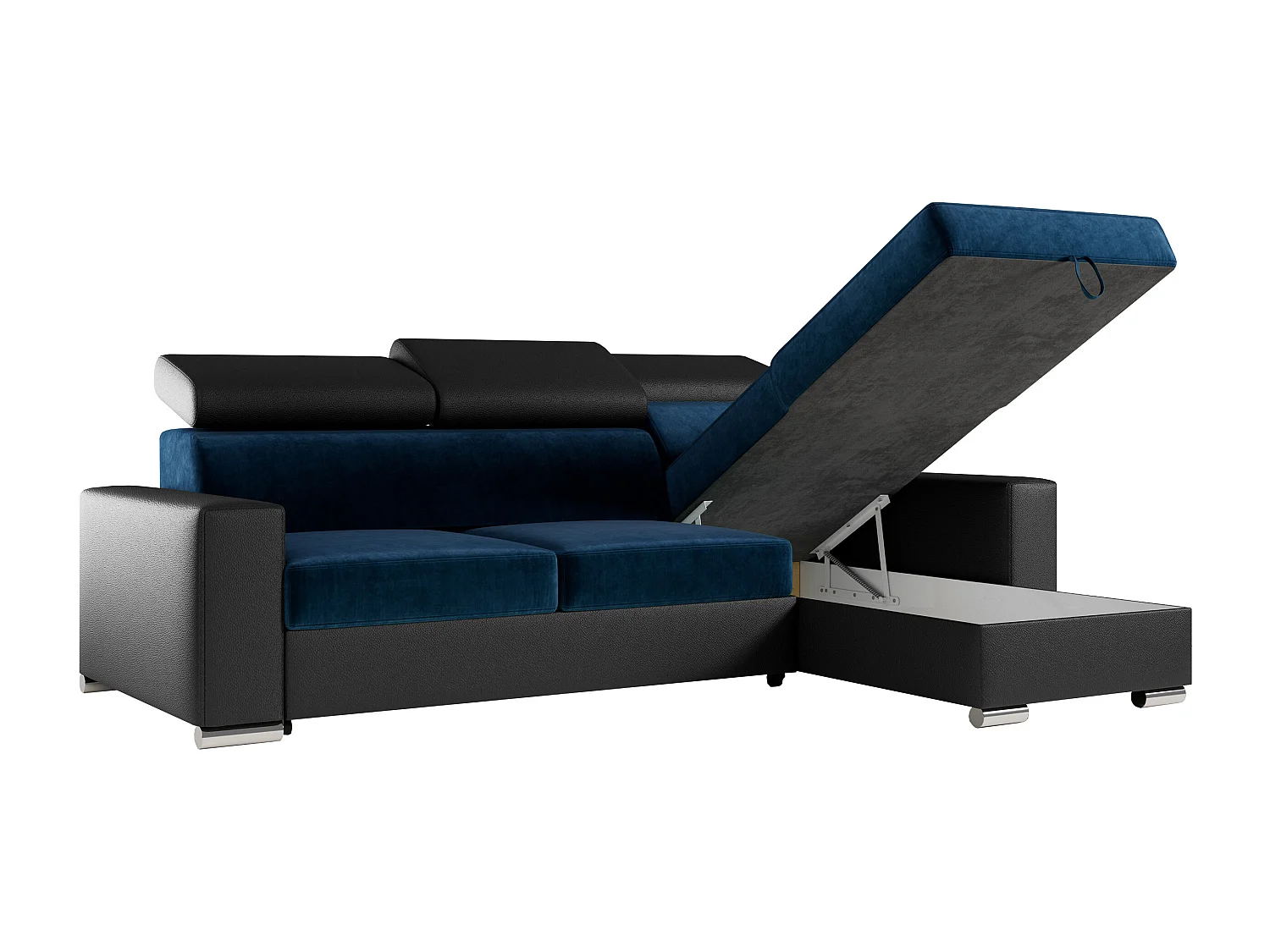 Ecksofa FOX, L-förmige Ecke, Schlaffunktion und Bettkasten, verstellbare Kopfstützen - Dunkelblau, Schwarz - Velvet, Kunstleder