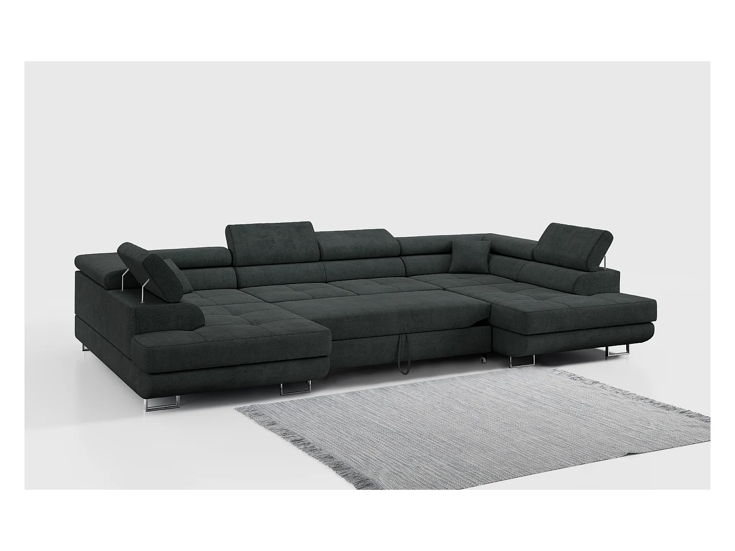 Ecksofa GUSTAW U, mit Schlaffunktion, Großes U-form ecksofa, XXL Wohnlandschaft, verstellbare Kopfstützen - Dunkelgrau Strukture