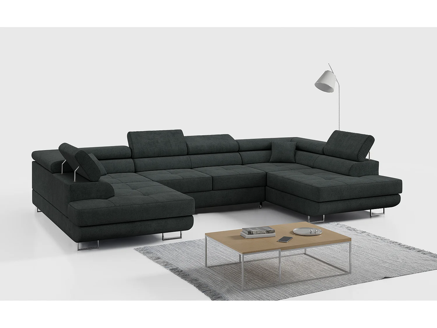 Ecksofa GUSTAW U, mit Schlaffunktion, Großes U-form ecksofa, XXL Wohnlandschaft, verstellbare Kopfstützen - Dunkelgrau Strukture