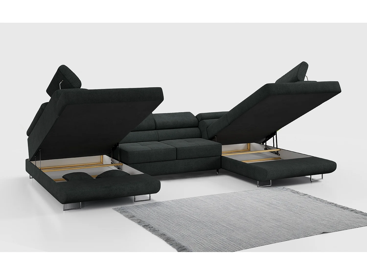 Ecksofa GUSTAW U, mit Schlaffunktion, Großes U-form ecksofa, XXL Wohnlandschaft, verstellbare Kopfstützen - Dunkelgrau Strukture