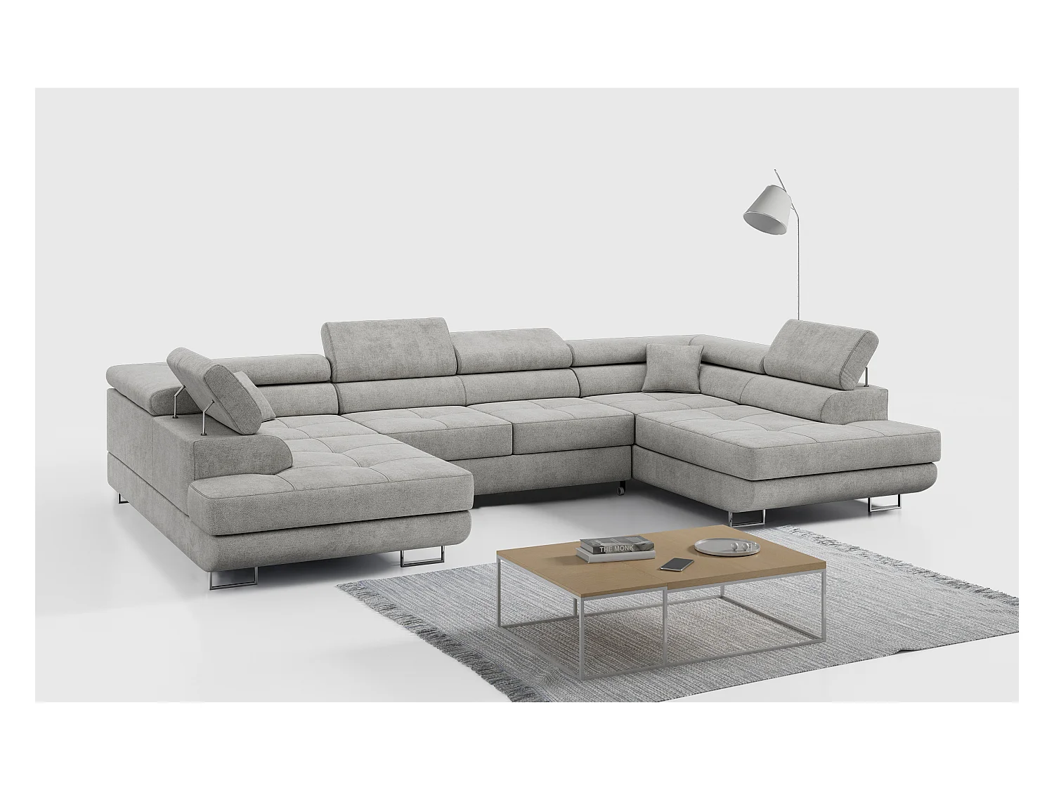 Ecksofa GUSTAW U, mit Schlaffunktion, Großes U-form ecksofa, XXL Wohnlandschaft, verstellbare Kopfstützen - Hellgrau Strukture