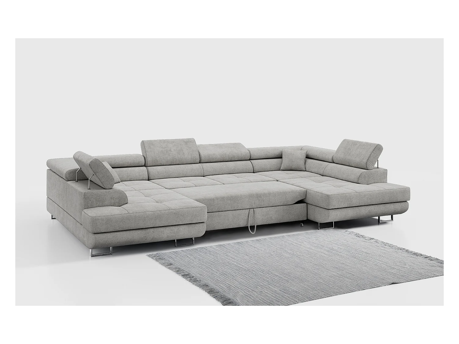 Ecksofa GUSTAW U, mit Schlaffunktion, Großes U-form ecksofa, XXL Wohnlandschaft, verstellbare Kopfstützen - Hellgrau Strukture