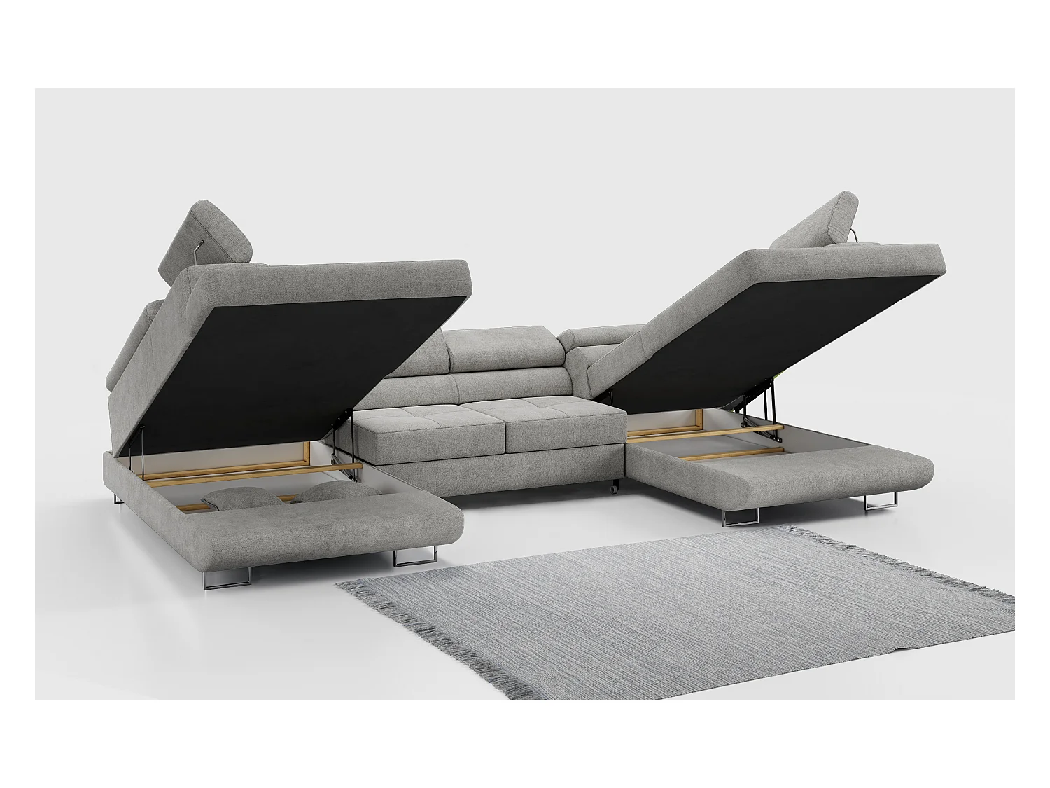 Ecksofa GUSTAW U, mit Schlaffunktion, Großes U-form ecksofa, XXL Wohnlandschaft, verstellbare Kopfstützen - Hellgrau Strukture