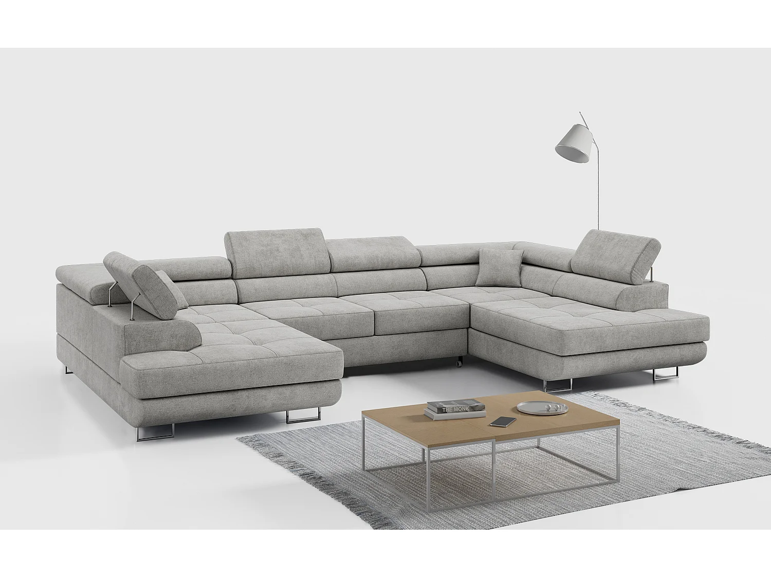 Ecksofa GUSTAW U, mit Schlaffunktion, Großes U-form ecksofa, XXL Wohnlandschaft, verstellbare Kopfstützen - Hellgrau Strukture