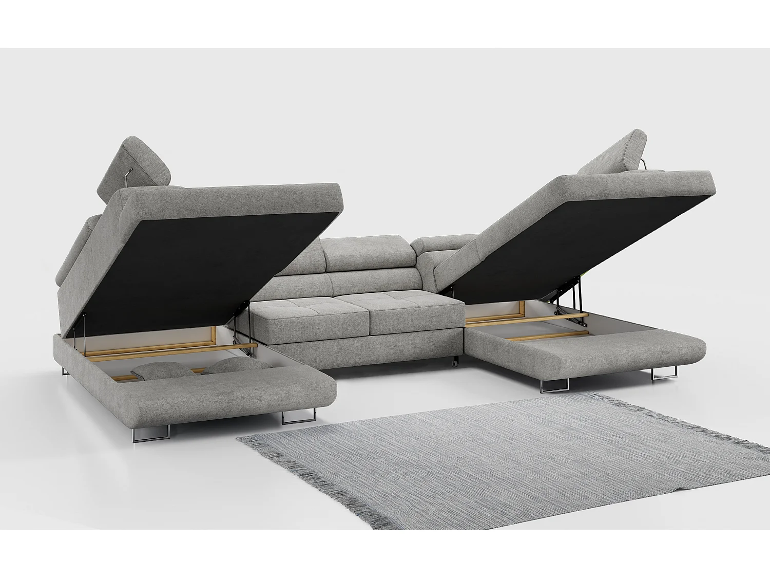 Ecksofa GUSTAW U, mit Schlaffunktion, Großes U-form ecksofa, XXL Wohnlandschaft, verstellbare Kopfstützen - Hellgrau Strukture