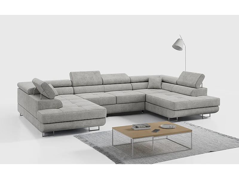 Ecksofa GUSTAW U, mit Schlaffunktion, Großes U-form ecksofa, XXL Wohnlandschaft, verstellbare Kopfstützen - Hellgrau Strukture