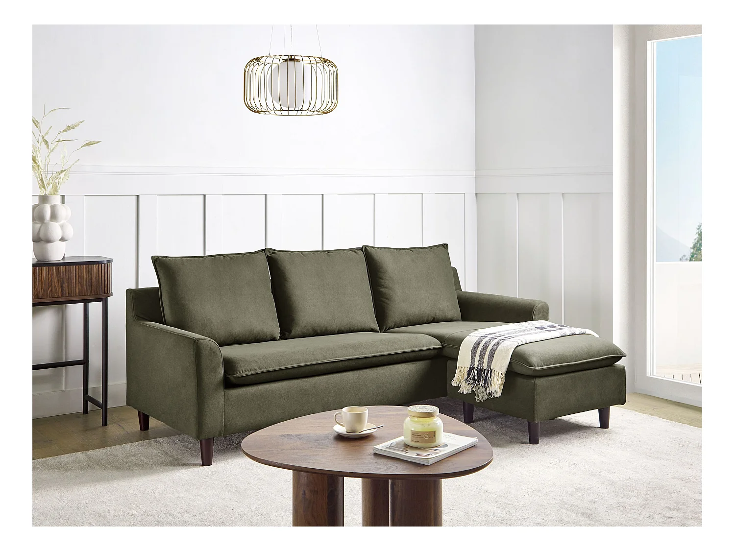 Canapé d'Angle à droite Moderne en Tissu avec Pieds en Bois Massif Polyester Vert Foncé Elvenes