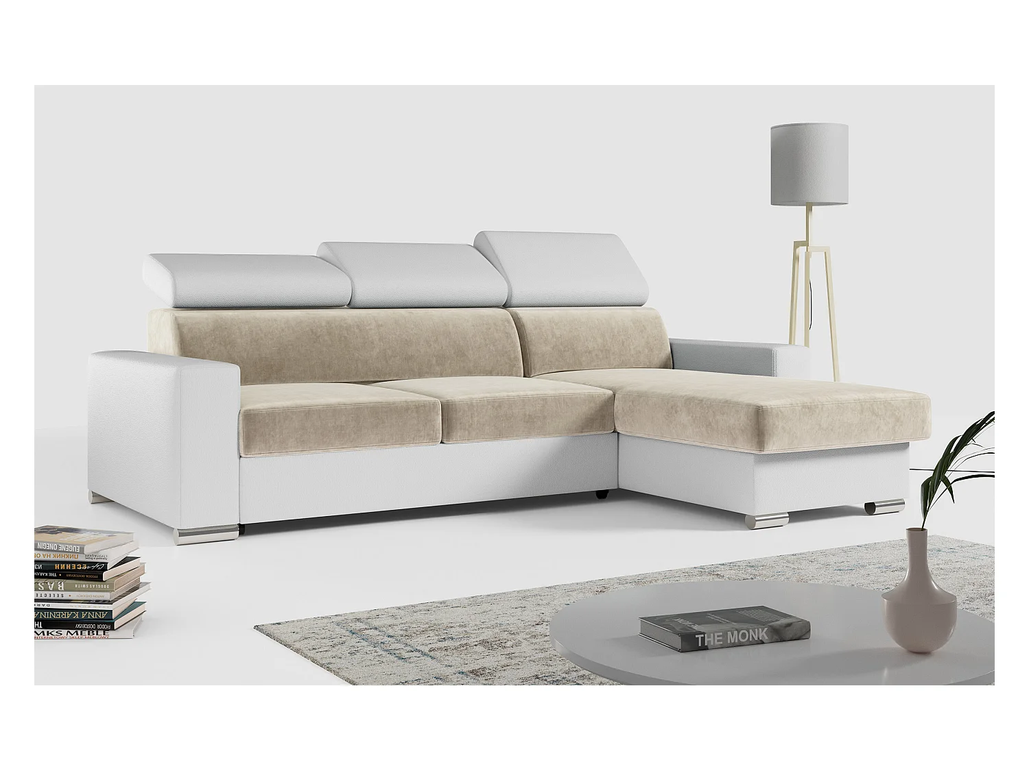 Ecksofa FOX, L-förmige Ecke, Schlaffunktion und Bettkasten, verstellbare Kopfstützen - Beige, Weiß, - Velvet, Kunstleder