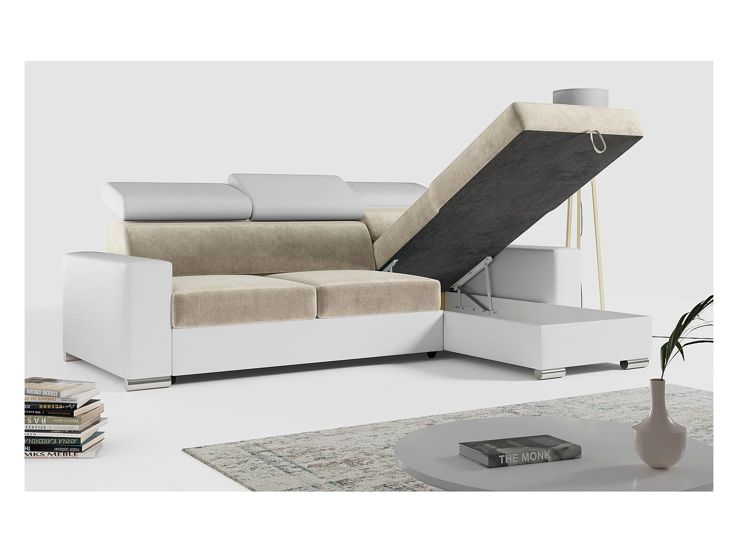 Ecksofa FOX, L-förmige Ecke, Schlaffunktion und Bettkasten, verstellbare Kopfstützen - Beige, Weiß, - Velvet, Kunstleder