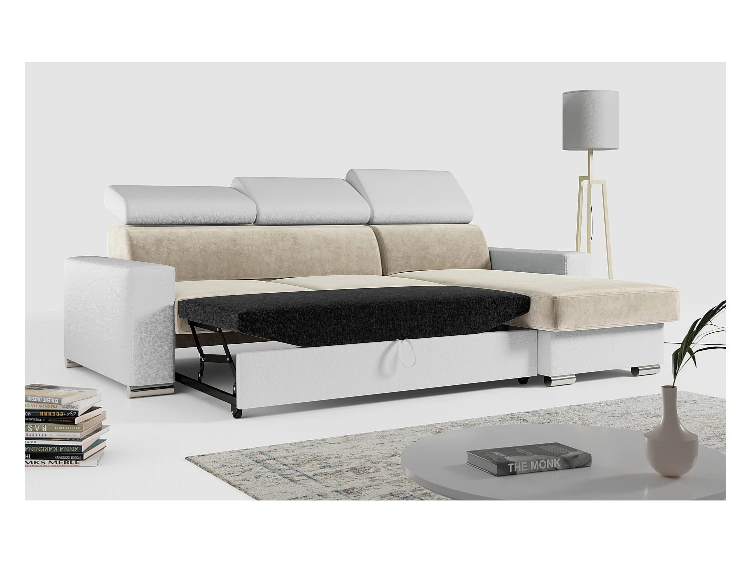 Ecksofa FOX, L-förmige Ecke, Schlaffunktion und Bettkasten, verstellbare Kopfstützen - Beige, Weiß, - Velvet, Kunstleder