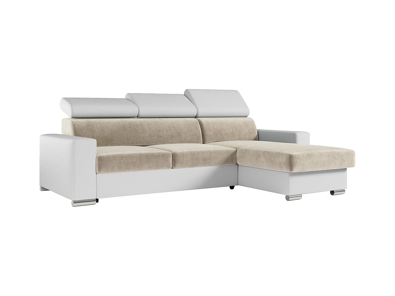 Ecksofa FOX, L-förmige Ecke, Schlaffunktion und Bettkasten, verstellbare Kopfstützen - Beige, Weiß, - Velvet, Kunstleder