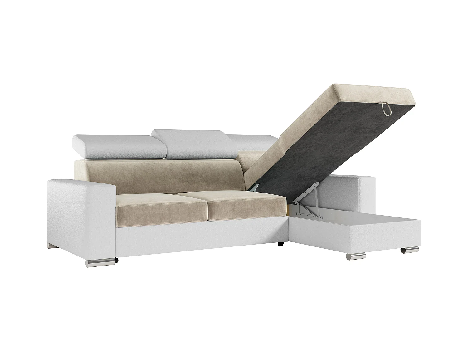 Ecksofa FOX, L-förmige Ecke, Schlaffunktion und Bettkasten, verstellbare Kopfstützen - Beige, Weiß, - Velvet, Kunstleder