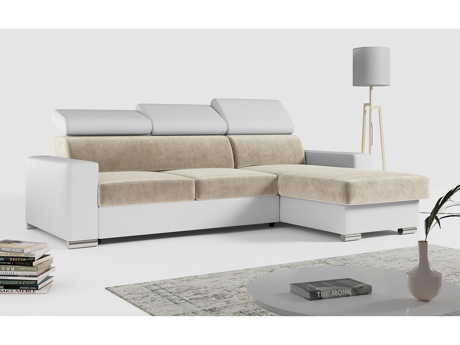 Ecksofa FOX, L-förmige Ecke, Schlaffunktion und Bettkasten, verstellbare Kopfstützen - Beige, Weiß, - Velvet, Kunstleder