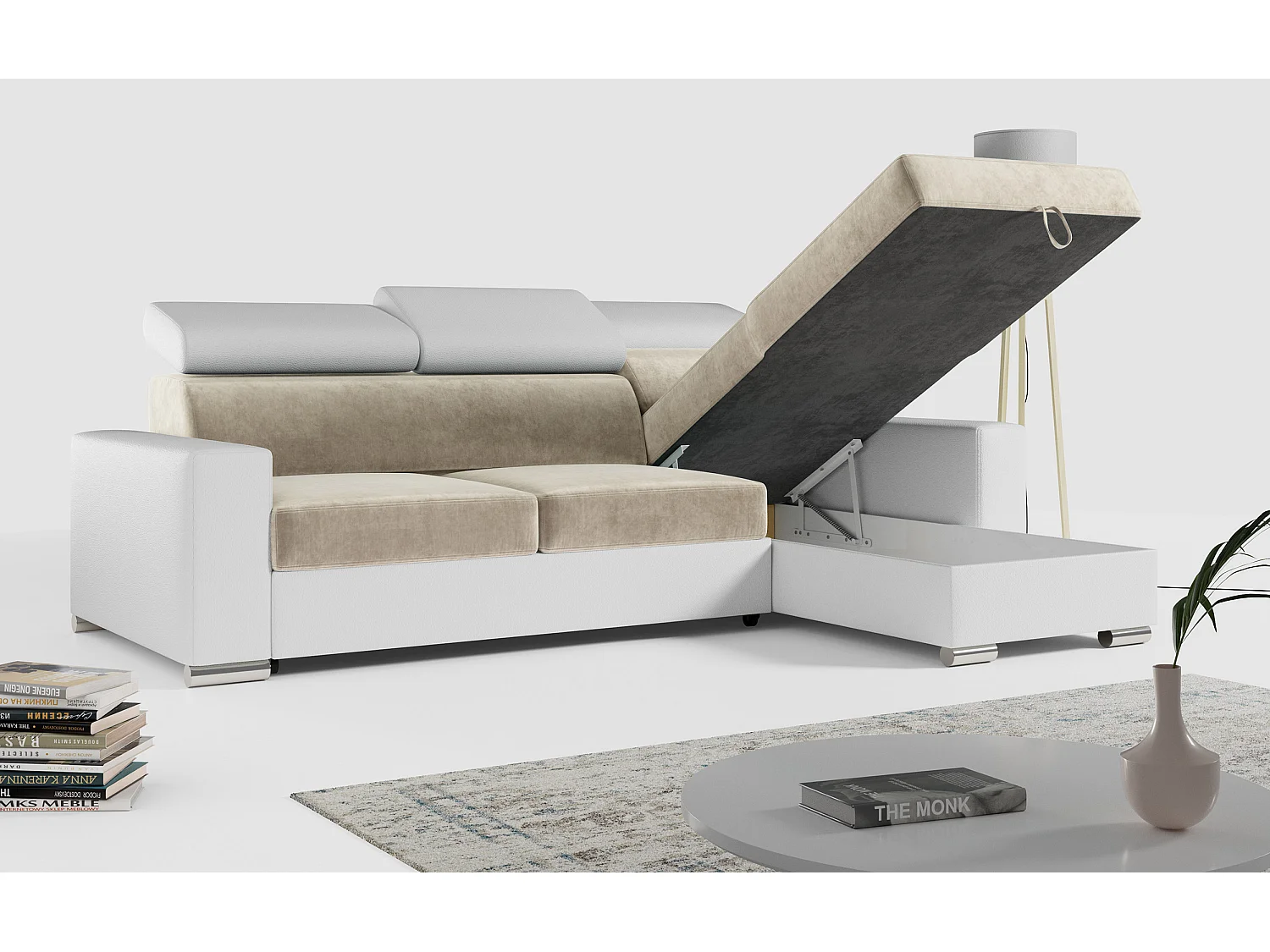 Ecksofa FOX, L-förmige Ecke, Schlaffunktion und Bettkasten, verstellbare Kopfstützen - Beige, Weiß, - Velvet, Kunstleder