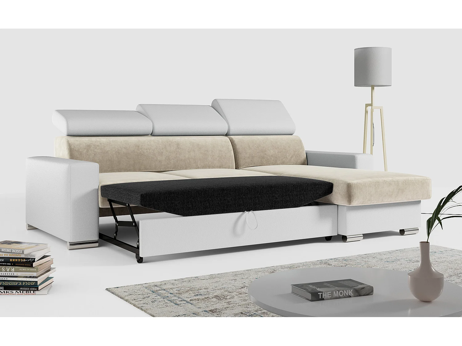 Ecksofa FOX, L-förmige Ecke, Schlaffunktion und Bettkasten, verstellbare Kopfstützen - Beige, Weiß, - Velvet, Kunstleder