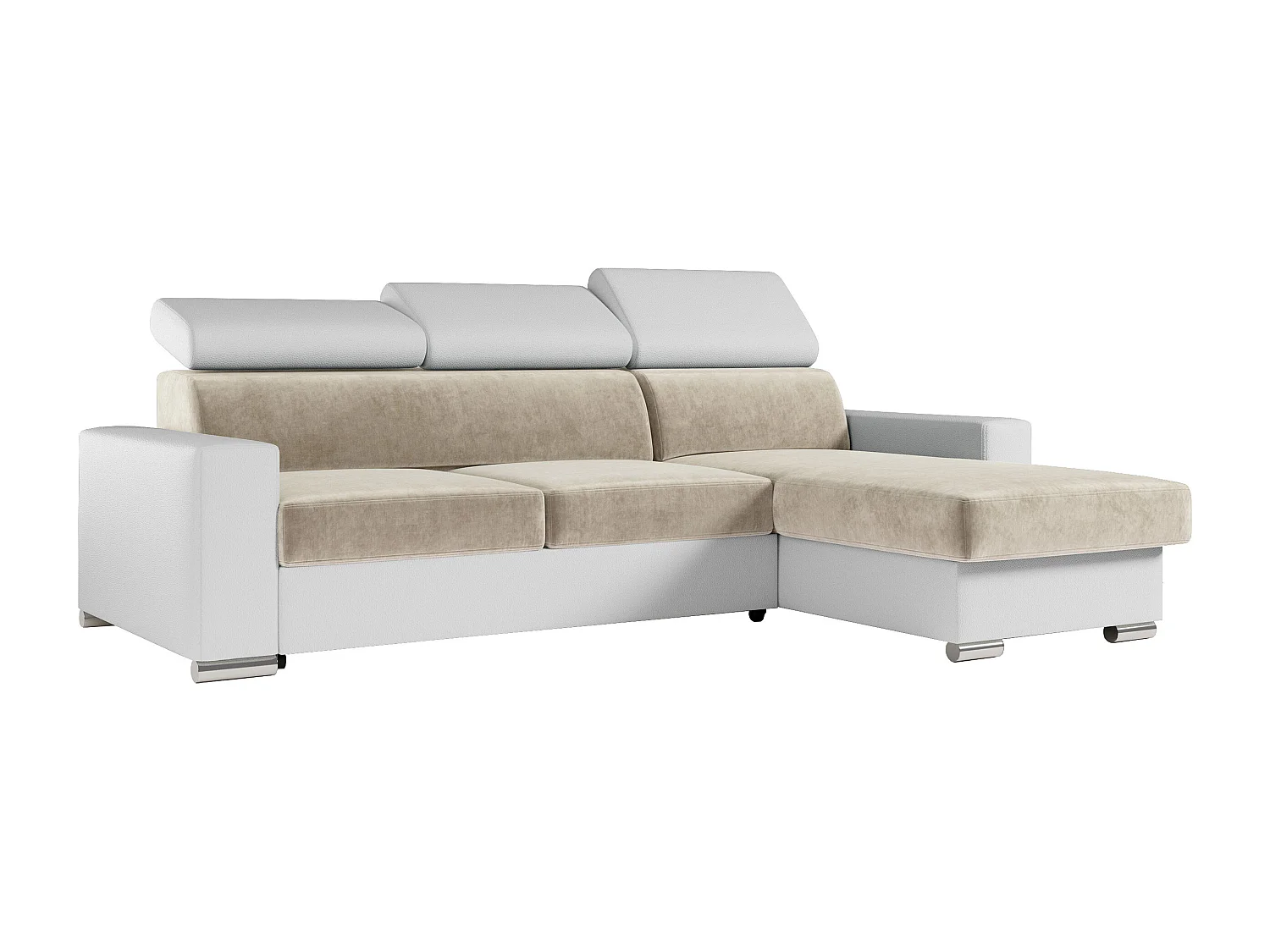 Ecksofa FOX, L-förmige Ecke, Schlaffunktion und Bettkasten, verstellbare Kopfstützen - Beige, Weiß, - Velvet, Kunstleder