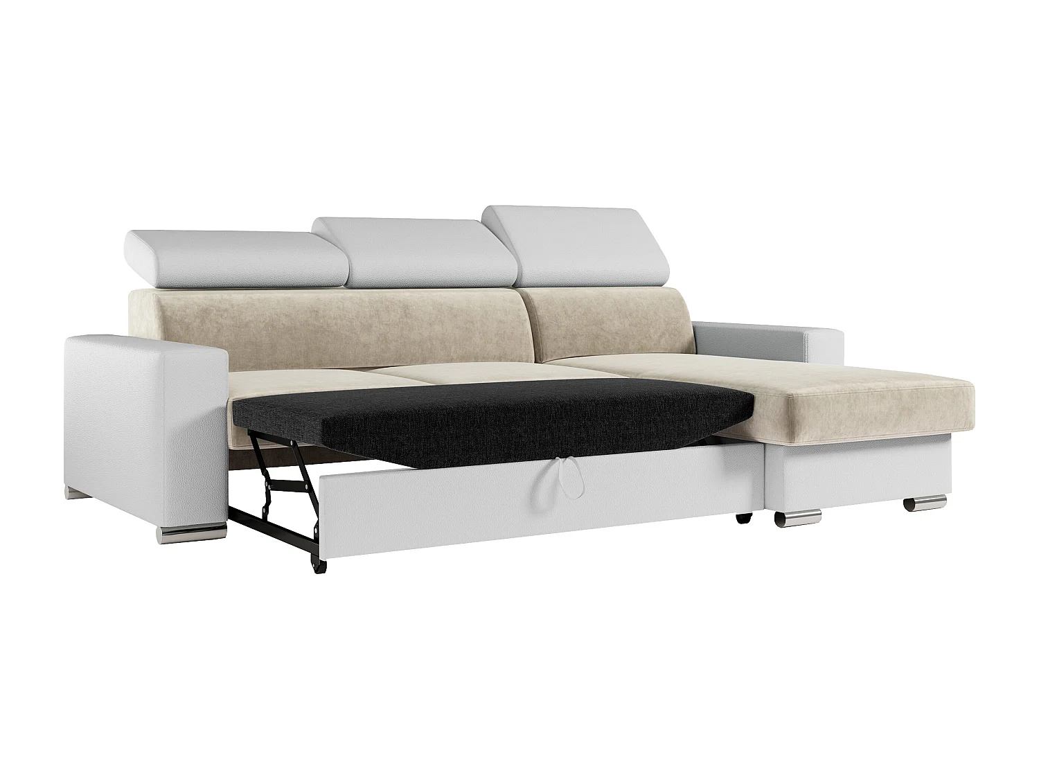 Ecksofa FOX, L-förmige Ecke, Schlaffunktion und Bettkasten, verstellbare Kopfstützen - Beige, Weiß, - Velvet, Kunstleder